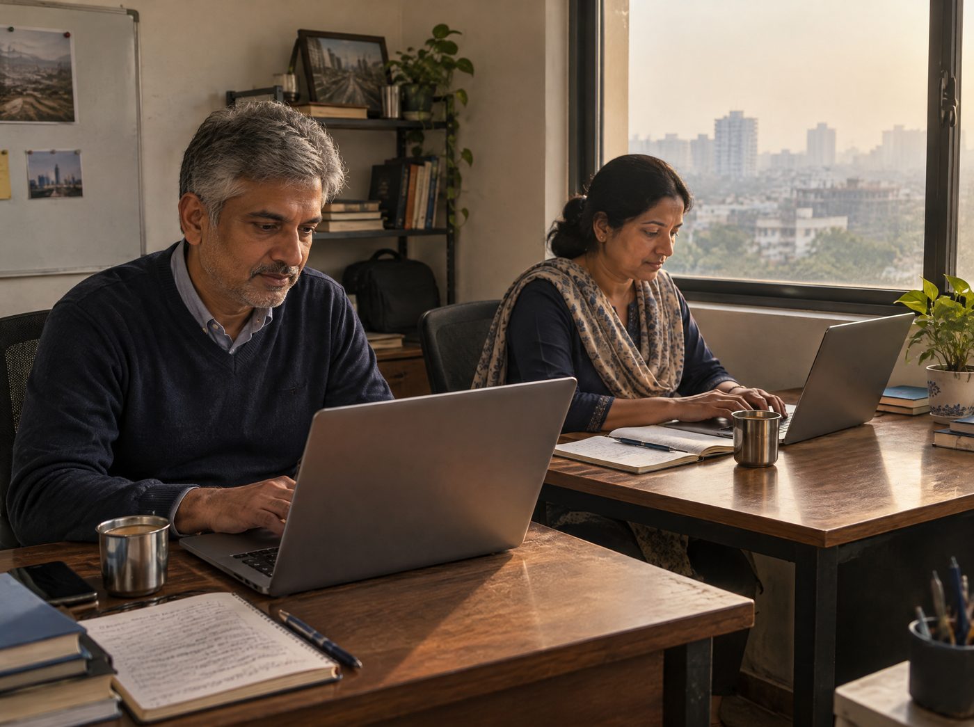 Two Orgbild colleagues working at adjacent desks in a small office in Gurgaon